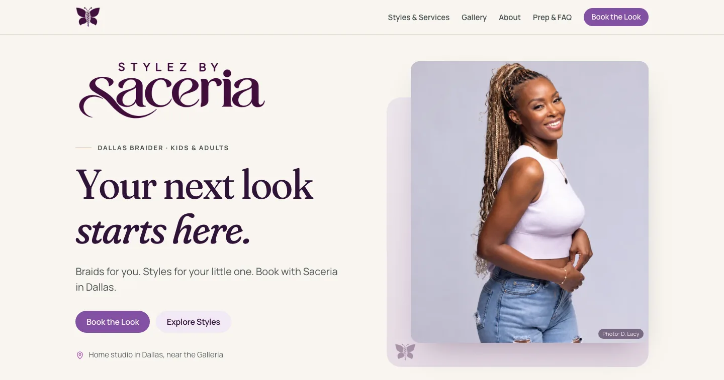 Stylez by Saceria homepage — lettering logo, “Your next look starts here” and a portrait of the stylist with long boho braids